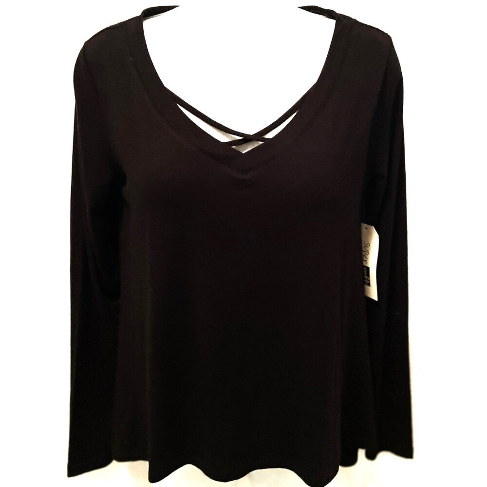 NWT Size Small Black LS Tee Criss Cross Neck SUPER SOFT EYE CANDY